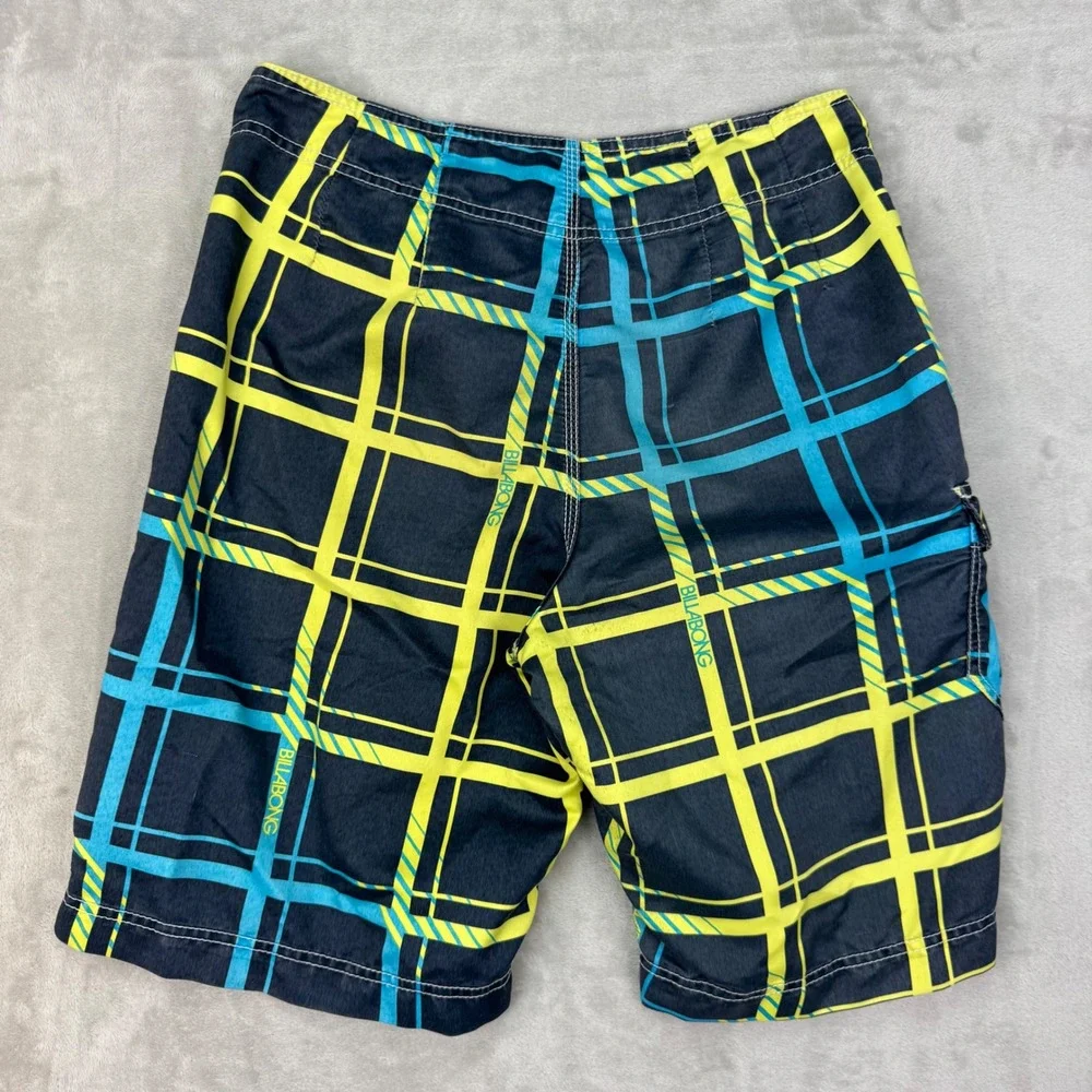 Billabong Board Shorts Mens 30 Black Yellow Blue Plaid Surf Y2K Swim Trunks